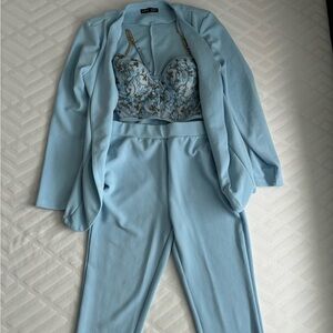 Women two piece blazer,pants and embroidered bralette